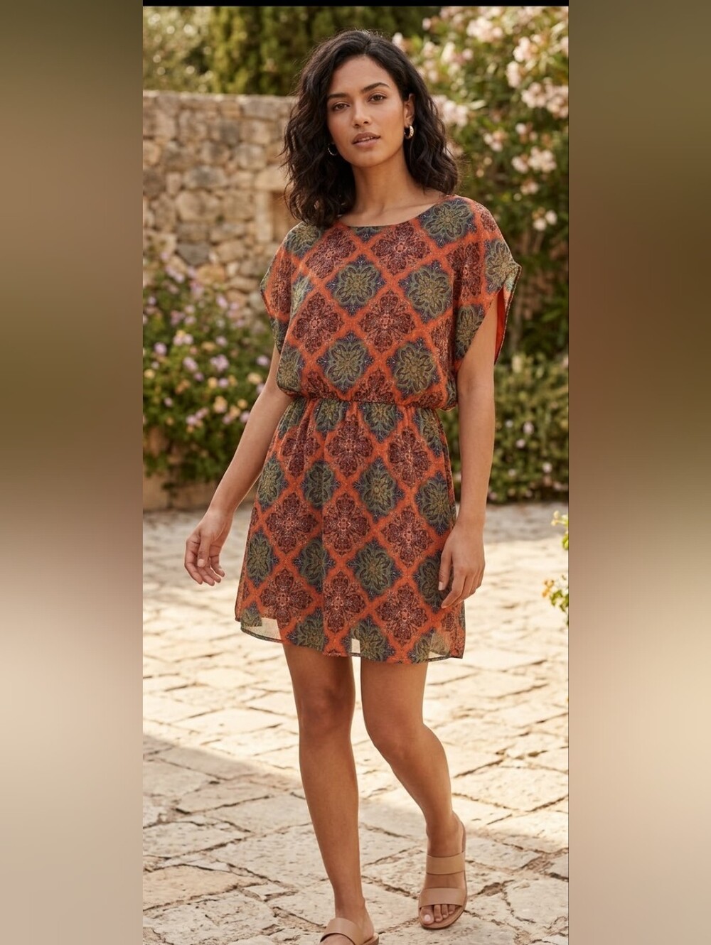 Olga Orange Floral Print Mini Dress Size L
